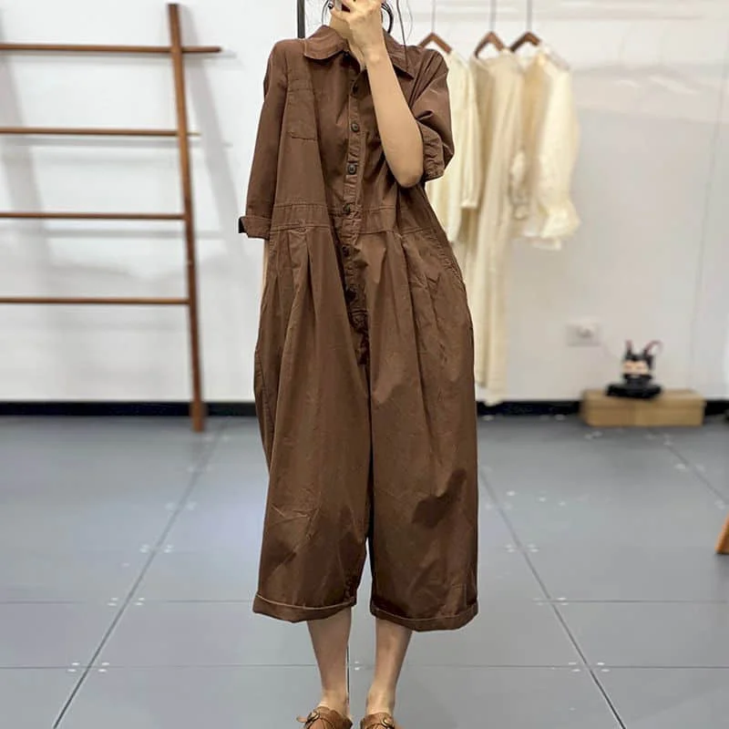 Solid Jumpsuits Women Loose Workwear Quarter Sleeve Playsuits Safari Style One Piece Outfits Women Casual Overalls Harem Pants