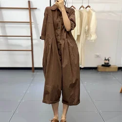 Solid Jumpsuits Women Loose Workwear Quarter Sleeve Playsuits Safari Style One Piece Outfits Women Casual Overalls Harem Pants