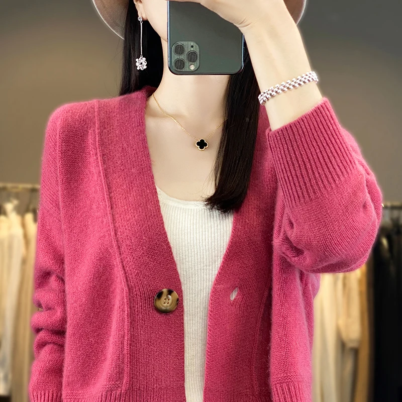 BELIARST Autumn/Winter 2023 New Women\'s Clothes V-neck Cardigan Knit 100% Merino Wool Sweater Jumper Casual Solid BE-8832