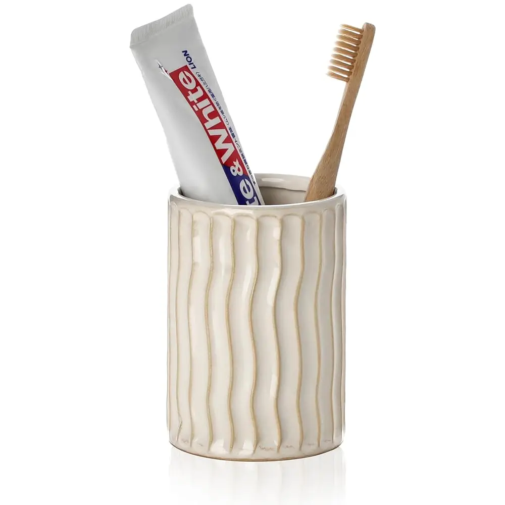 

Ceramic Toothbrush Holder for Bathroom, White Tooth Brushing Holders, Bathroom Counter Organizer, Toothbrush Mouthwash Cup