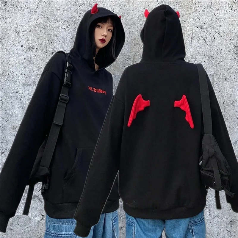 Harajuku Hoodies Girl Little Devil Horns Gothic Hooded Sweatshirts Women Demon Fly Wings Loose Pullovers Pocket Tops Streetwear