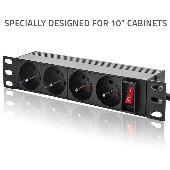 Qoltec Aluminium PDU-stekkerdoos voor RACK 10'' | 1U | 16A | 4xFRENCH | 1,8 miljoen