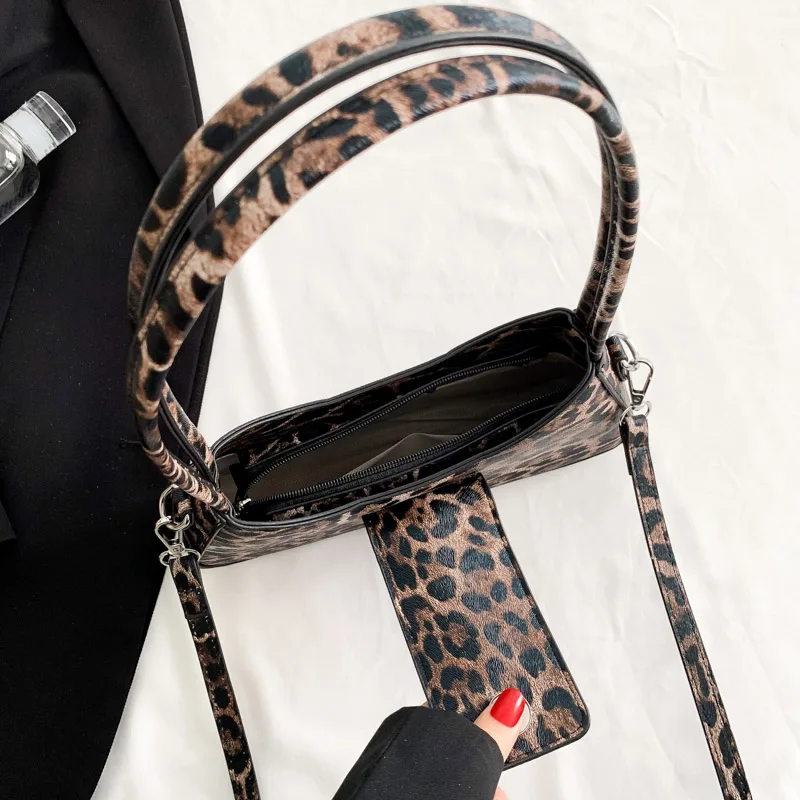 Bolso de mano de estilo francés para mujer, bandolera de cuero PU, versátil, marrón, negro, leopardo