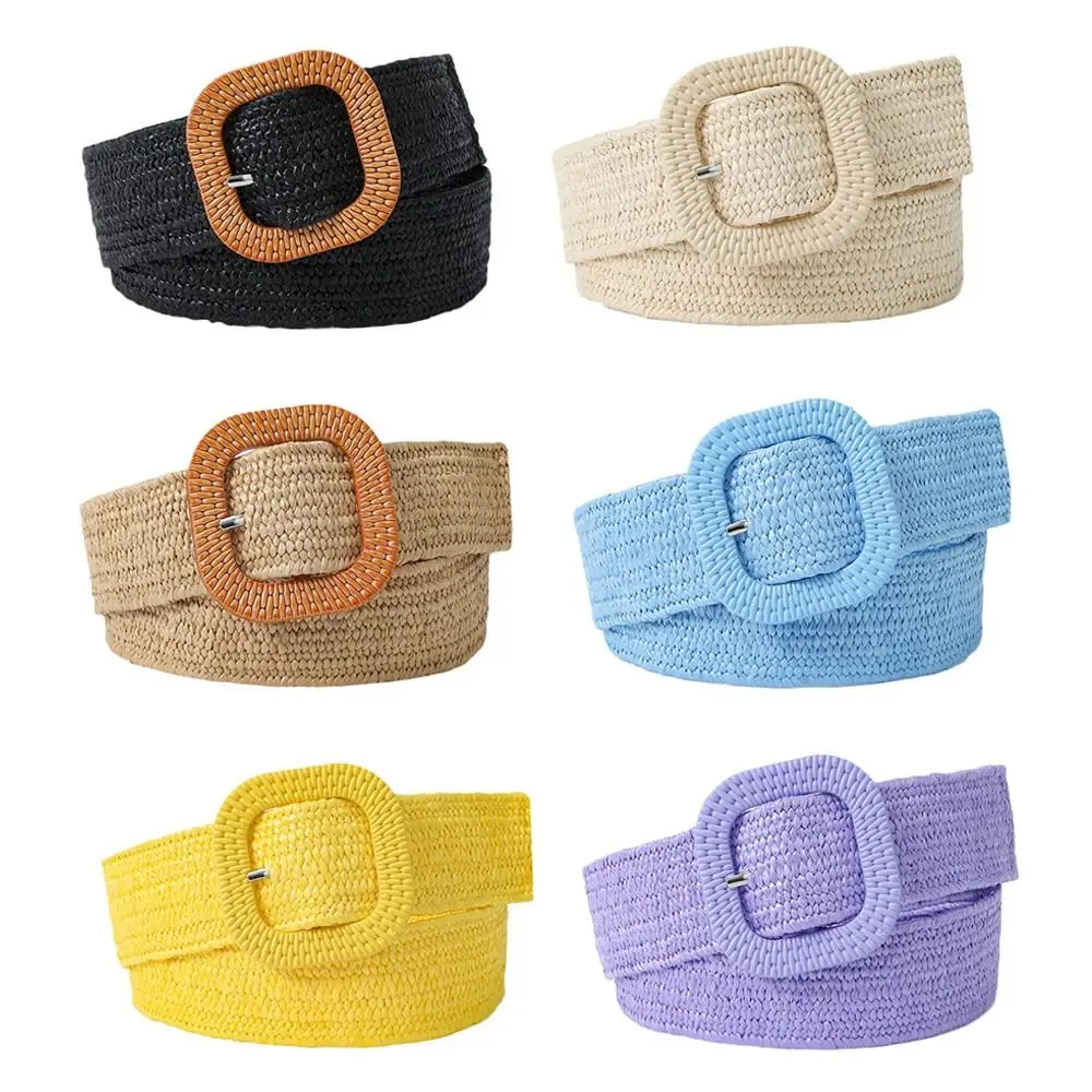 Bohemian Straw Woven Belt for Women Summer Straw Braided Belt Fashion Female Wide Waistband Waist Belt Black Khaki Beige Blue