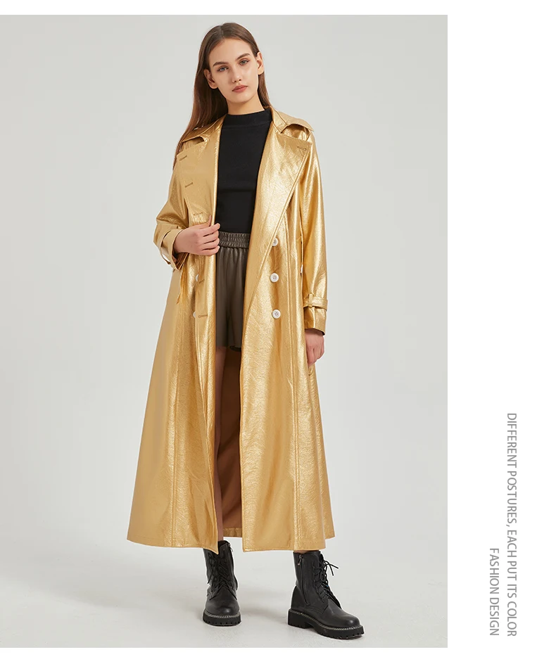 Lautaro Spring Autumn Extra Long Gold Shiny Pu Leather Trench Coat for Women Sashes Double Breasted Luxury Europe Fashion 2024