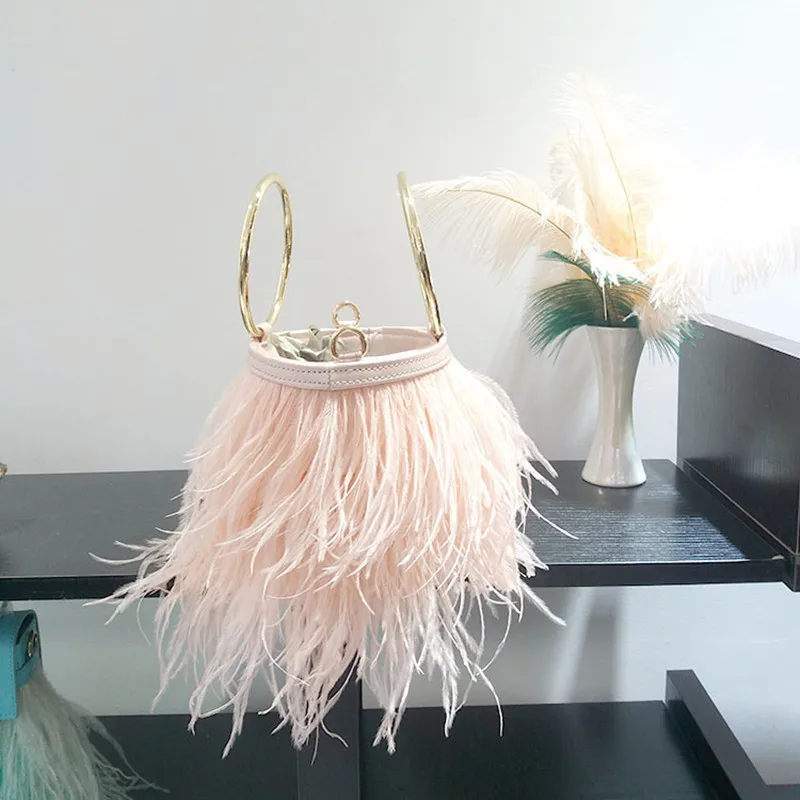 Wedding Bag Ostrich Feather Bucket Handbag for Women Luxury Fashion Purses and Handbags Designer Party Clutch Chain Shoulder Bag