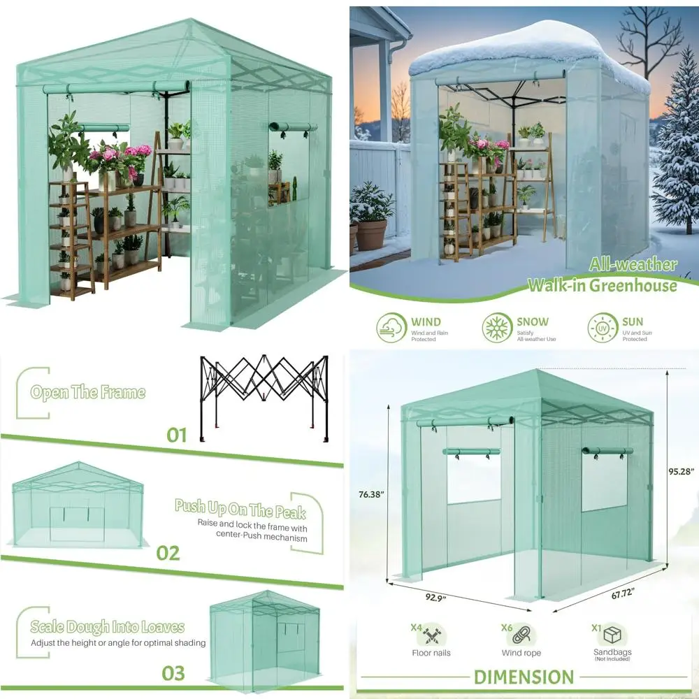 

Портативная всплывающая теплица на 8x6 футов с центральным замком, полиэтиленовой крышкой, дверью на молнии и двумя подвижными окнами для легкой сборки зеленого цвета