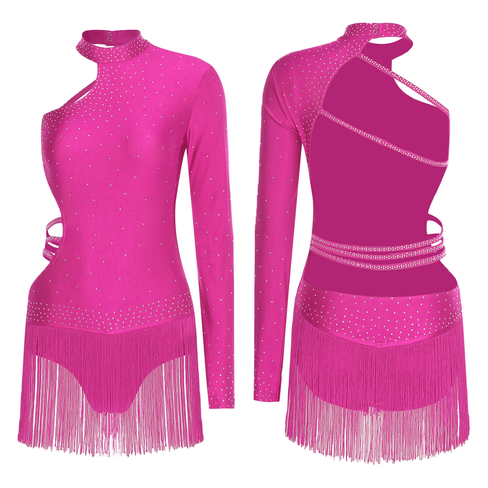 Womens Tango Latin dansvoorstelling kostuum enkele lange mouw taille te openen kruis bodysuit Cha-cha Samba schaatskostuum