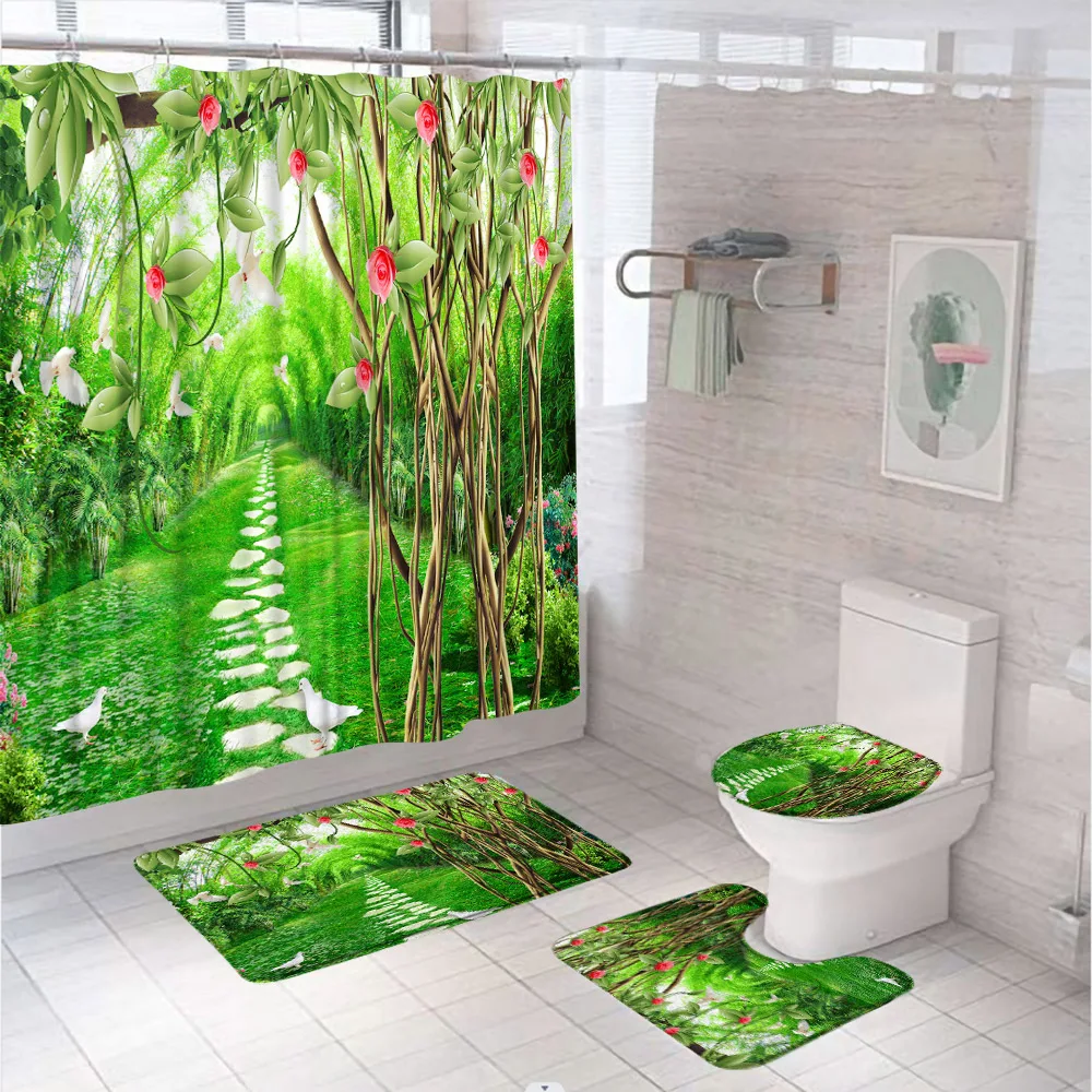 

Green Garden Rose Flower Vine Shower Curtain Sets 3D Plant Grassland Bird Scenery Bathroom Screen With Bath Mat Rug Toilet Cover