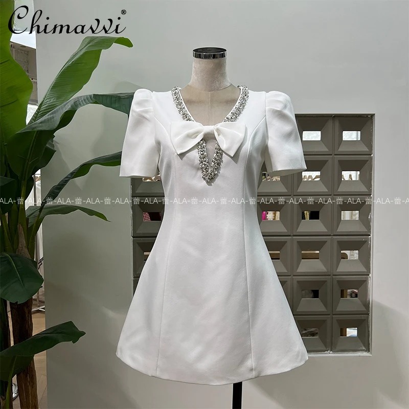 

French Elegant Socialite Diamond V-Neck 3D Bow Bubble Short Sleeve High Waist Slim A-line Temperament Short Dress Women Summer