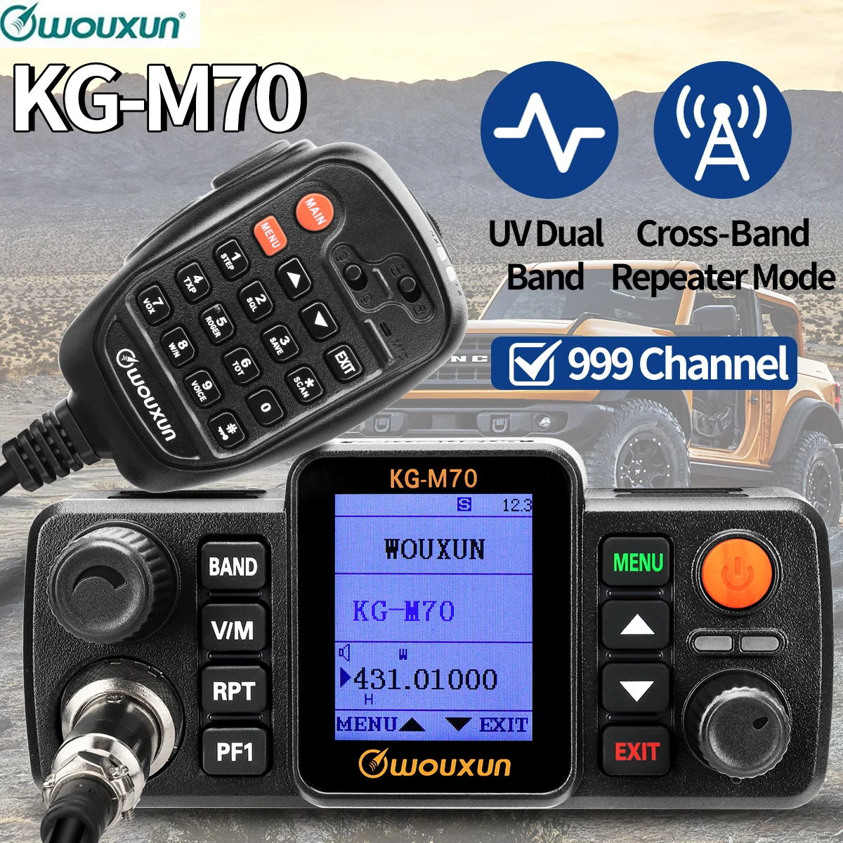 

WOUXUN KG-M70 25 Вт мобильный радиоприемник с перекрестным диапазоном, двухдиапазонный дальний 999-канальный автомобильный радиостанция высокой мощности с микрофоном