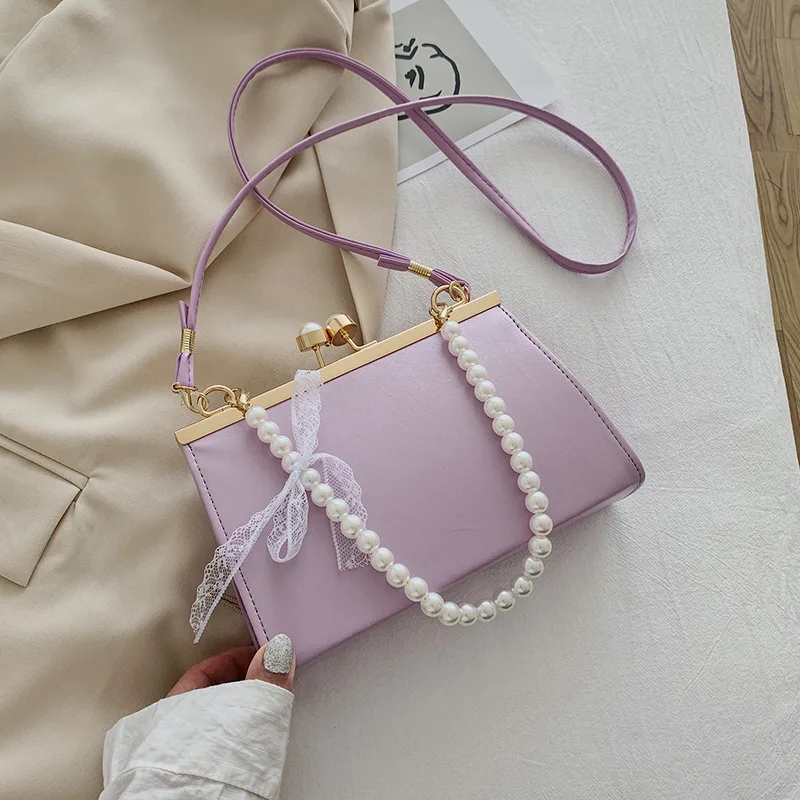 Lace Bow PU Leather Small Square Bag New Summer Solid Pearl Beaded Temperament Handbag Street Trend Fashion Ladies Shoulder Bag