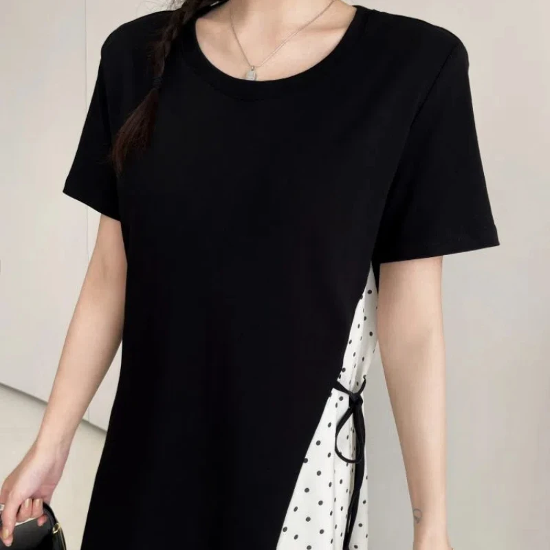 女性用半袖Tシャツドレス,ルーズフィット,ラージサイズ,黒,水玉模様,パッチワーク,夏服,2020