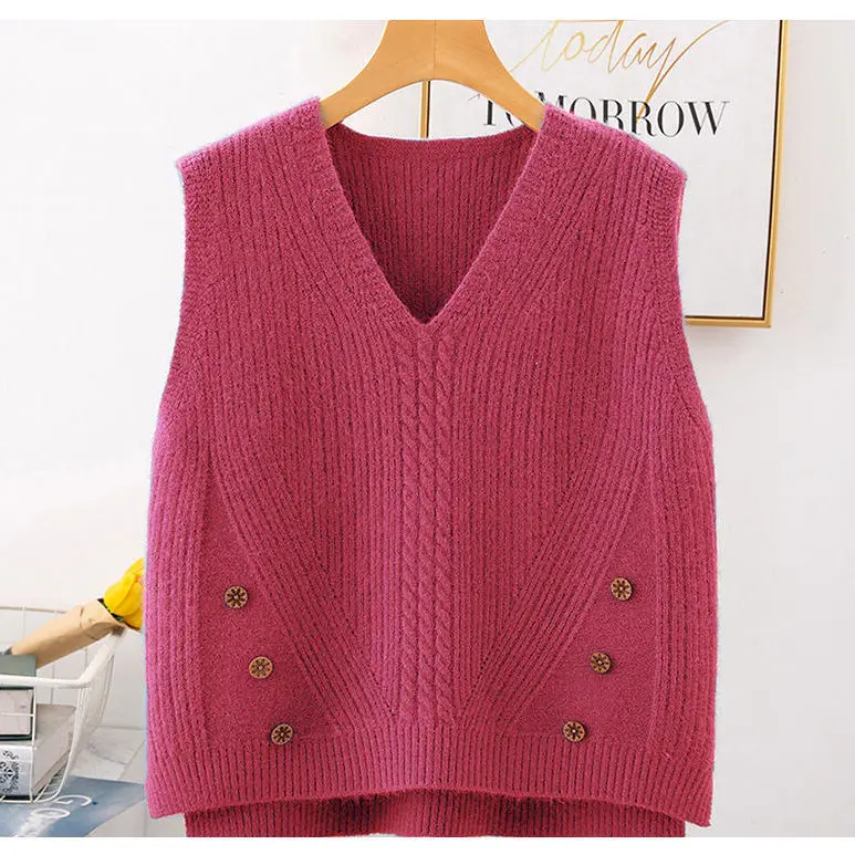 2023 Autumn/Winter New V-neck Pullover Knitted Sweater Tank Top Women\'s Versatile College Style Short Sleeveless Vest