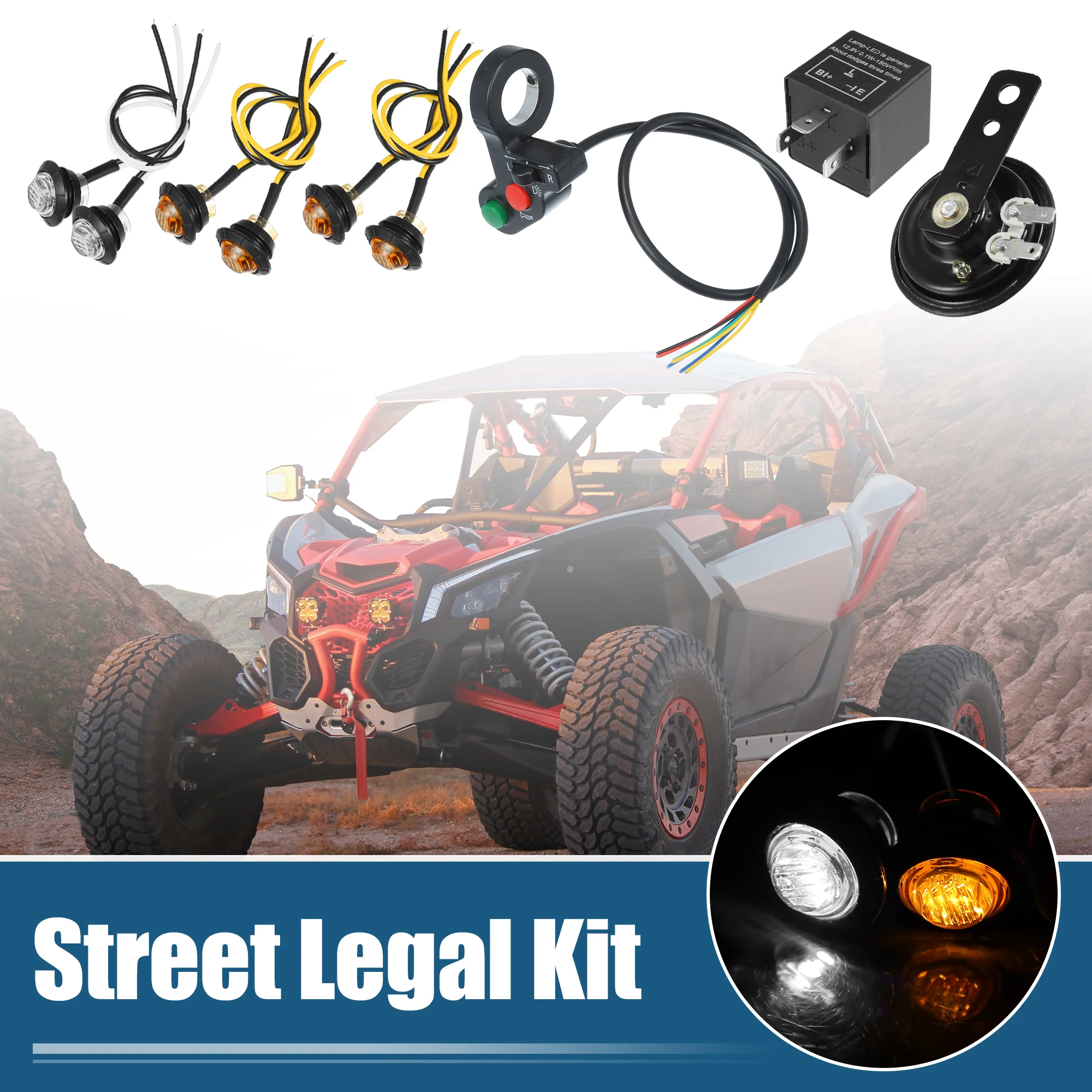 

Motoforti ATV UTV Turn Signal Street Legal LED Light Kit with Horn Turn Signal Headlight Horn Function Handlebar Flasher Relay