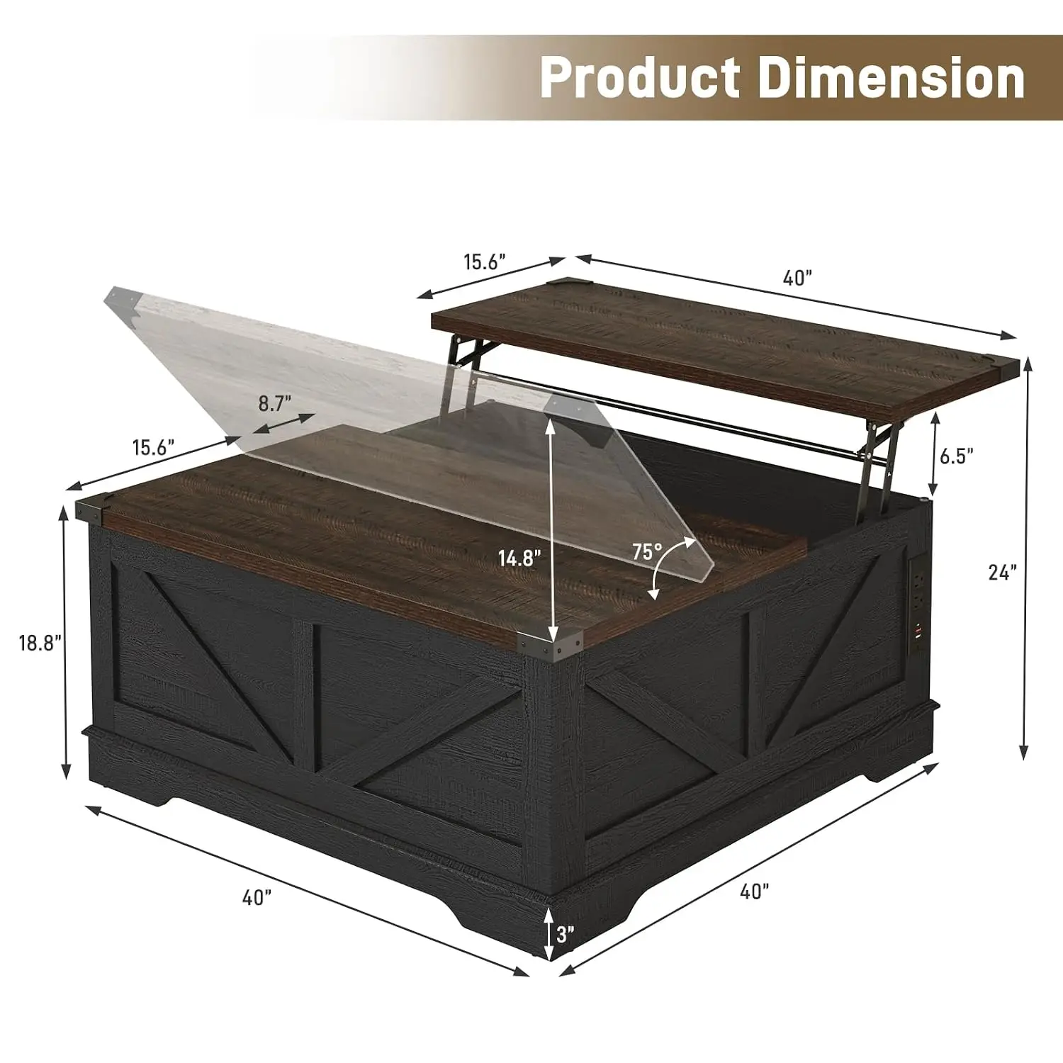 40” Large Farmhouse Lift Top Coffee Table with Power Outlets and Large Hidden Storage, Square Wood Living Room Tables