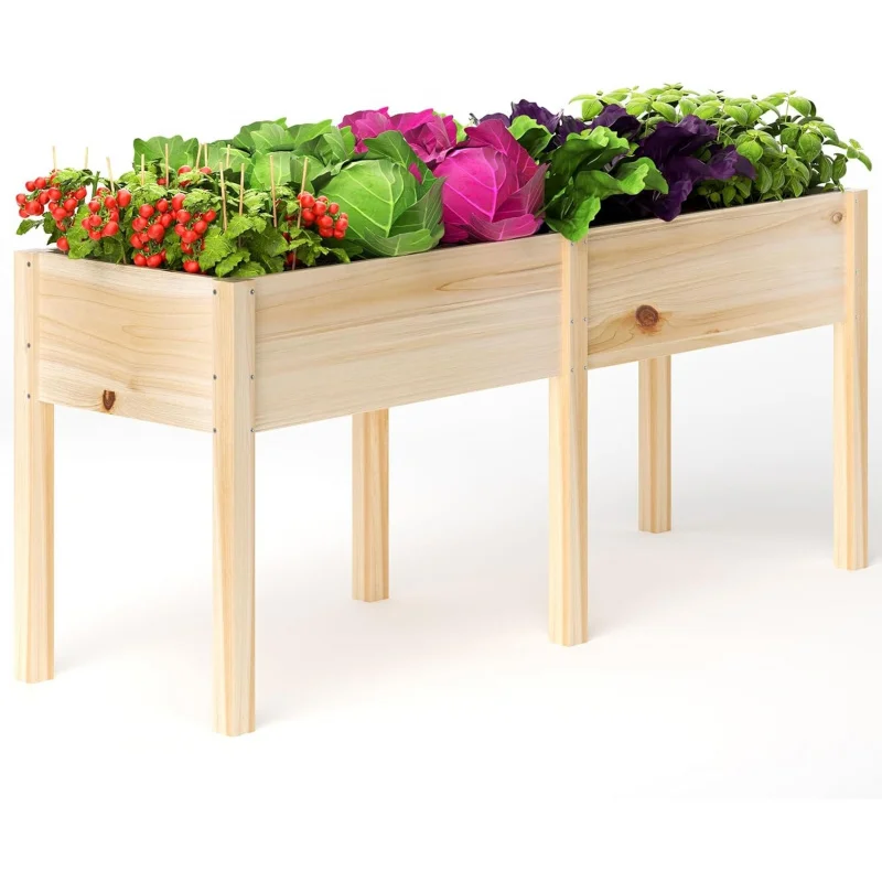 

72L×23Elevated Raised Garden Bed with, Reinforced Wooden Planter Box with Divider, 6 Sturdy 300lbs Capacity, Outdo