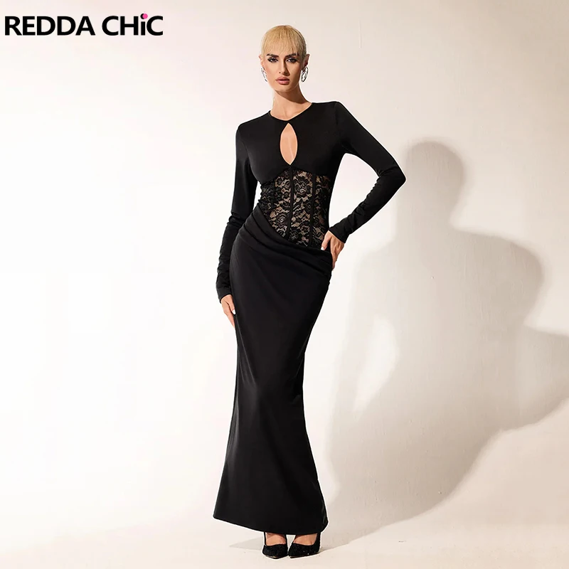 

Черное облегающее платье REDDACHiC с вырезами, кружевными вставками, эластичное, приталенное, с длинными рукавами, фасон «русалка», сексуальная женская одежда