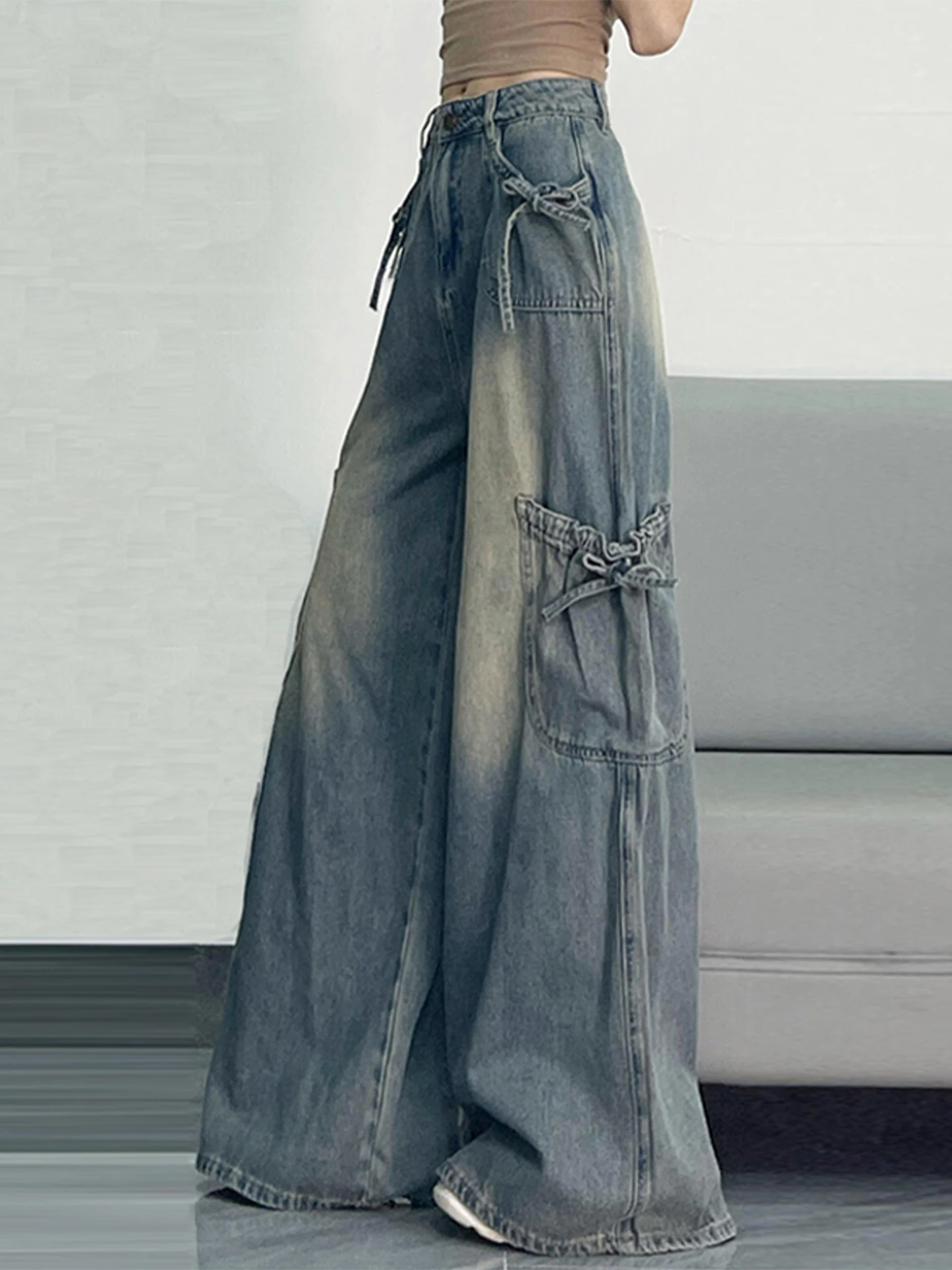 Jean rétro bleu multi-poches pour fille, grande taille 2XL-6XL, avec nœud doux, pantalon polyvalent, rajeunissant, jambes larges, printemps automne