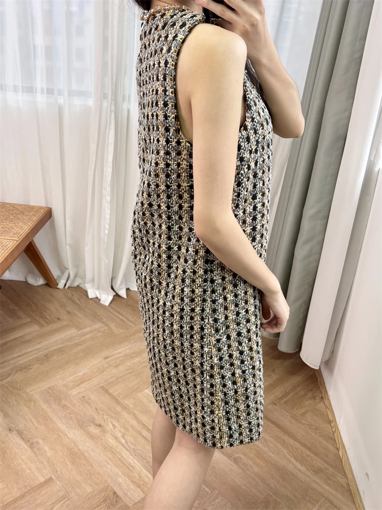 

New 2024 High Quality Women Short Tweed Dress Teardrop Neckline with Rhinestones Sleeveless Hook-and-eye on Neck Elegant Sweet S