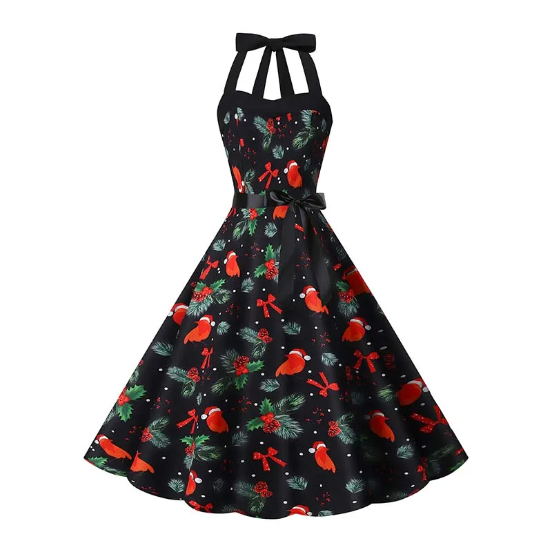 Christmas Dress Women Sexy Halter Vintage Snowflake Print Retro Swing Xmas Party Sundress Holiday New Year