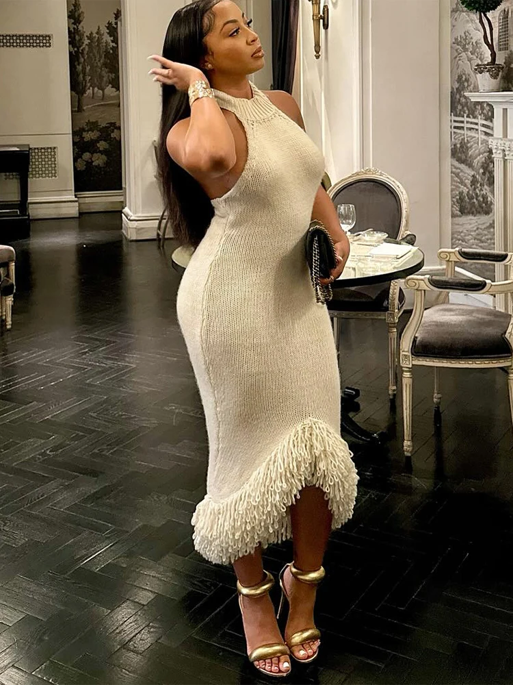 فستان Sisterlinda الخريفي الإصدار للصغار منتصف العجل مثير شارع العليا W24D61297Girl متماسكة الصلبة ضئيلة الياقة المدورة عارية الذراعين رداء الموضة