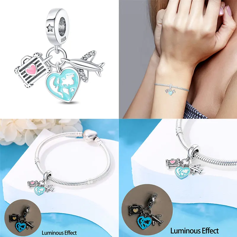 Hot Sale Luggage Airplane Passport Three-piece Set 925 Silver Charms Fit 925 Original Bracelet Jewelry Making For Women Gift