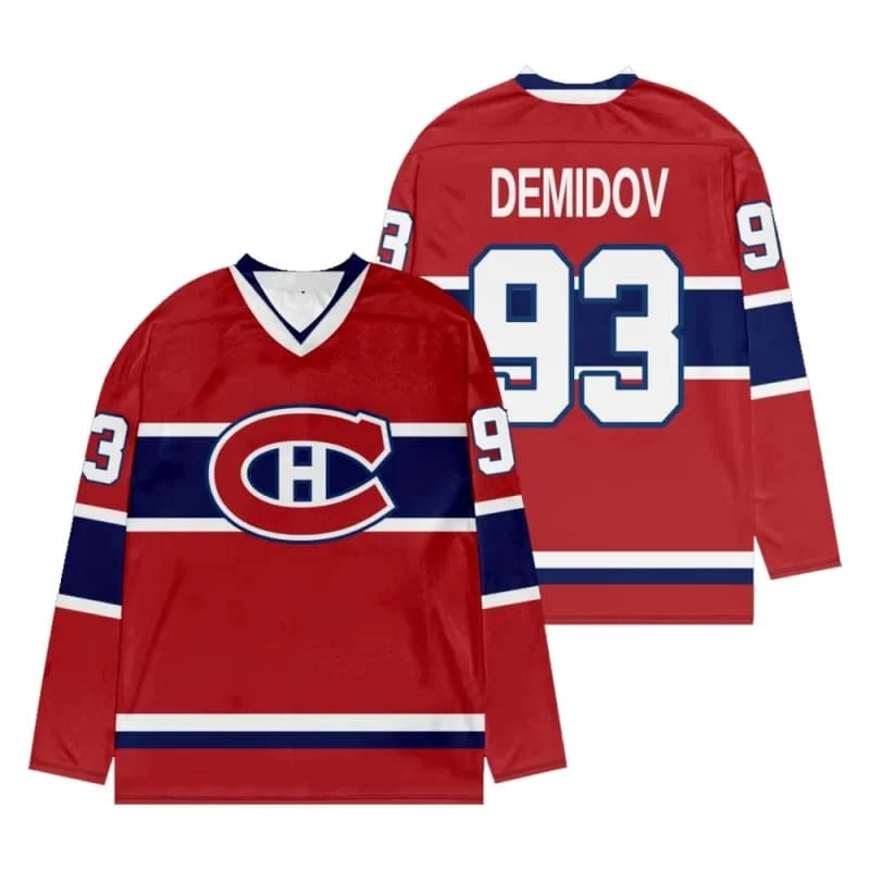 Camiseta de Hockey sobre Hielo de los Montreal Canadiens de Ivan Demidov 93, Clásica, Roja, Cuello en V, Manga Larga, para Entrenamiento Deportivo, para Hombre y Mujer