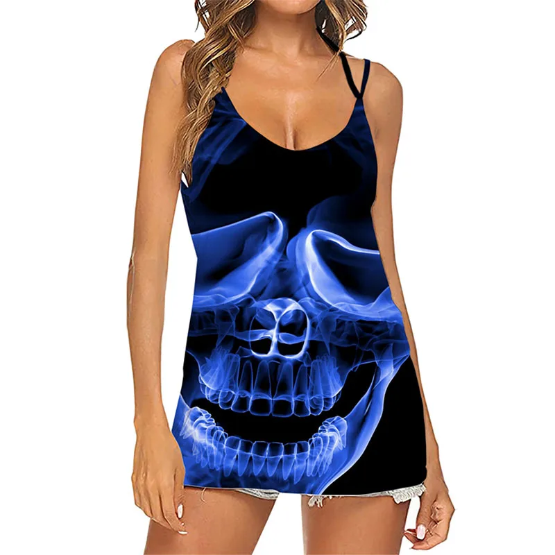 T-shirt da donna Gothic 2023 Summer Turtle Neck Skull e top senza maniche scavato stampato bohémien New top in nero