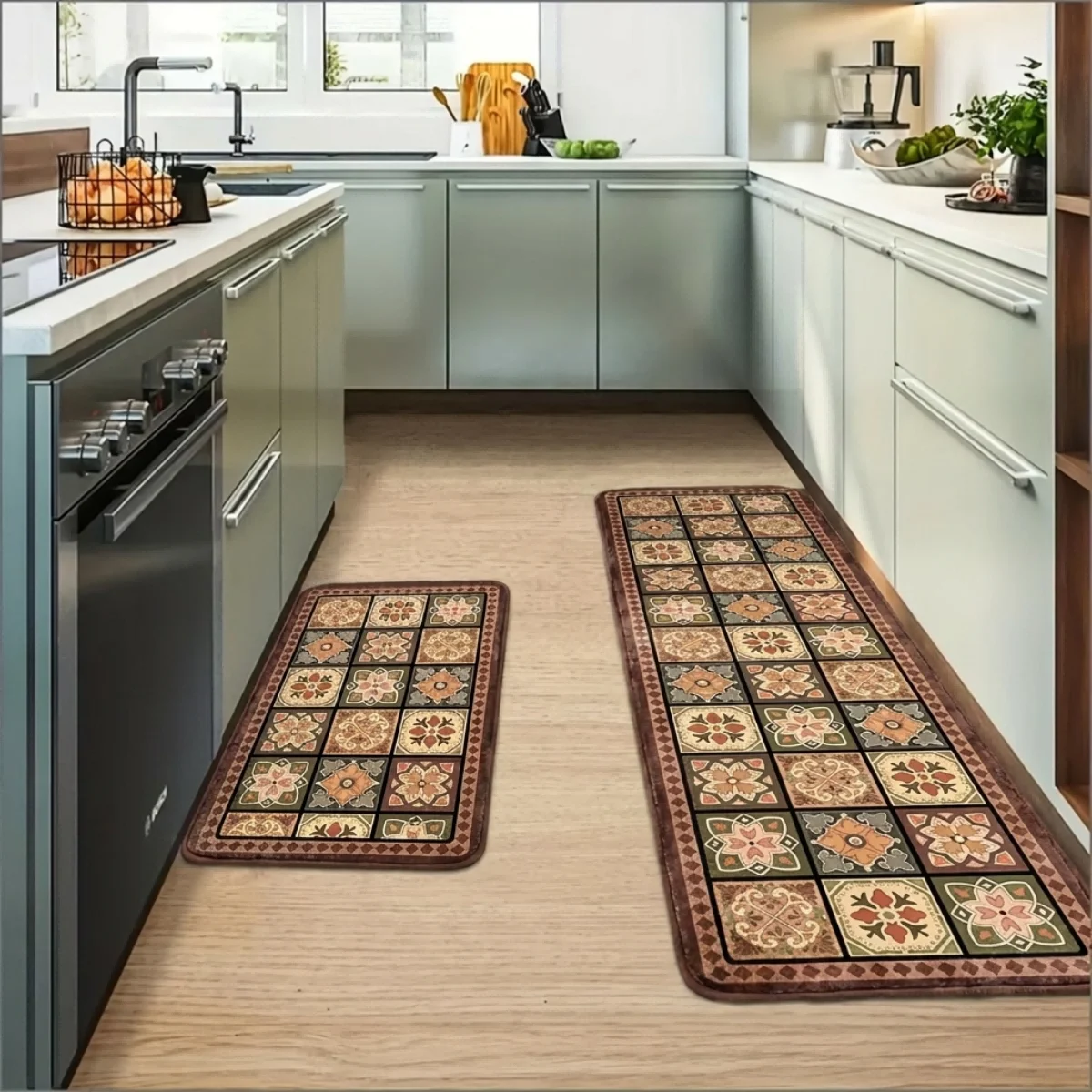 Square Kitchen Floor Rug Plush Flannel Mat Soft Thick Non Slip Decorative Carpet for Kitchen