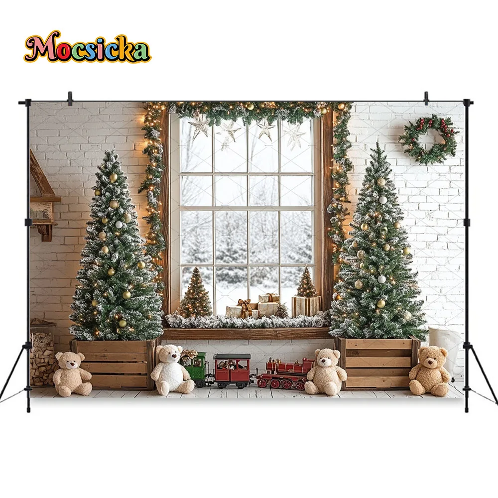 Рождественский фон для фотосъемки с окном, рождественская елка, игрушка в подарок, медведь, белый фон с кирпичной стеной, зимний детский фон для фотосессии на день рождения, студия
