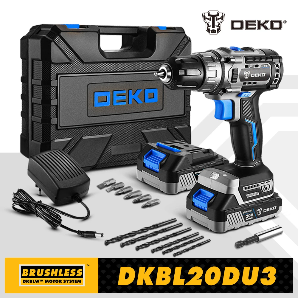 DEKO-Kit combinado de taladro inalámbrico sin escobillas, 20V, Mini destornillador eléctrico, herramientas eléctricas de 2 velocidades para carpintería