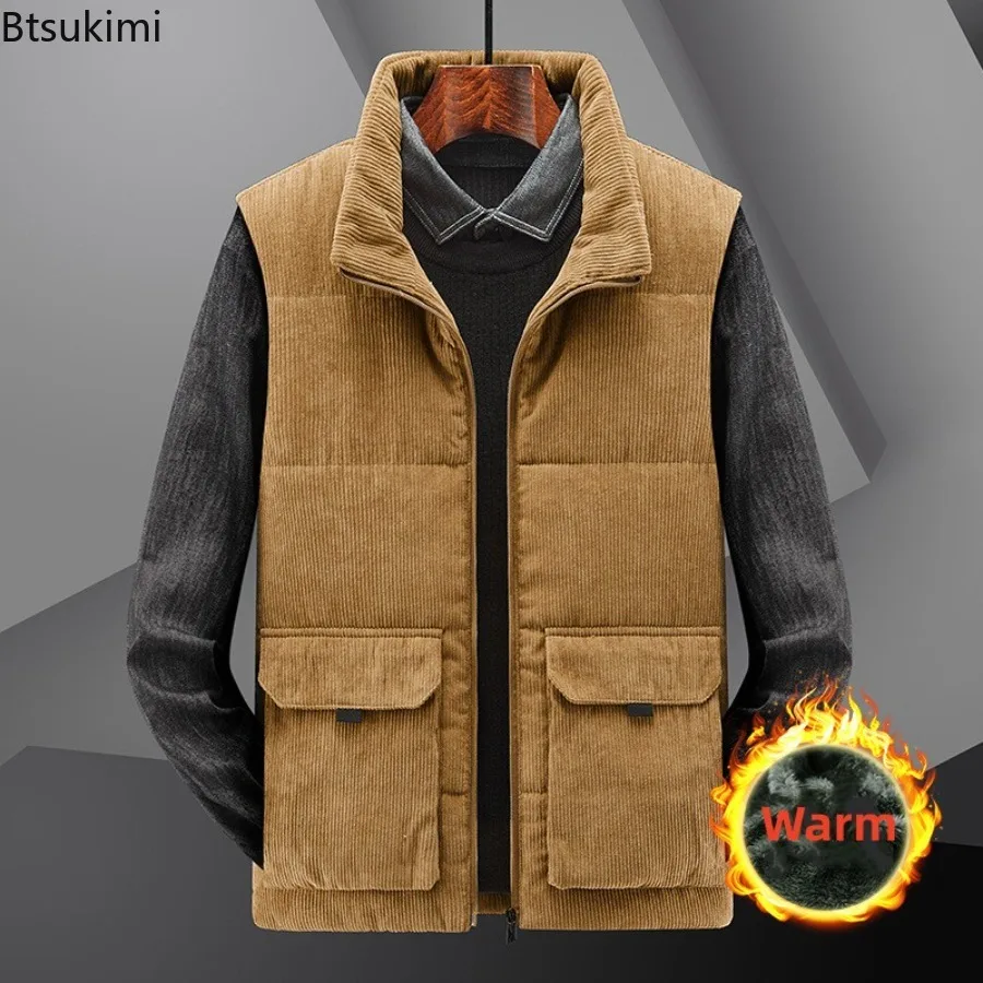 

Новинка 2025, мужской зимний вельветовый жилет, однотонный бархатный утепленный жилет без рукавов с воротником-стойкой, жилет большого размера M-6XL
