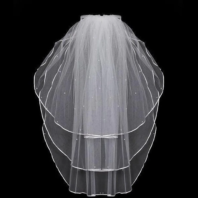 3 Tiers Wedding Bridal Ribbon Edge and Sticky Beads Veil