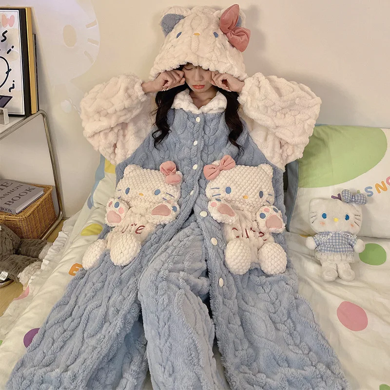 

Студенческая ночная рубашка Hello Kitty, женская зимняя новая толстая теплая одежда для сна, 2 шт., длинная ночная рубашка с героями мультфильмов, верхняя одежда, милые комплекты домашней одежды