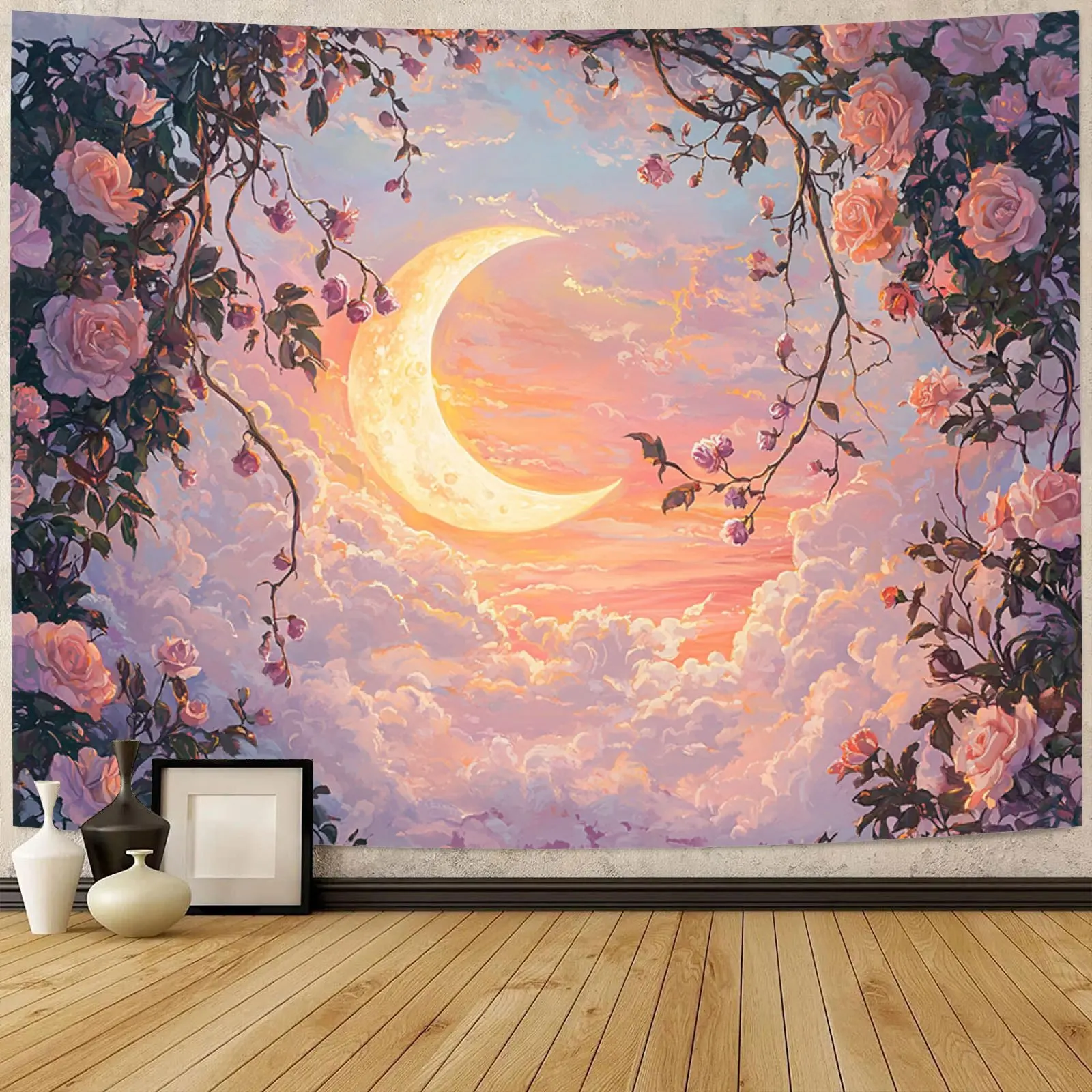 Sun And Moon Tapestry: Vintage Bohemian Wall Hanging Featuring A Dreamy Crescent Moon Surrounded By Roses  Aesthetic Tapestry Fo