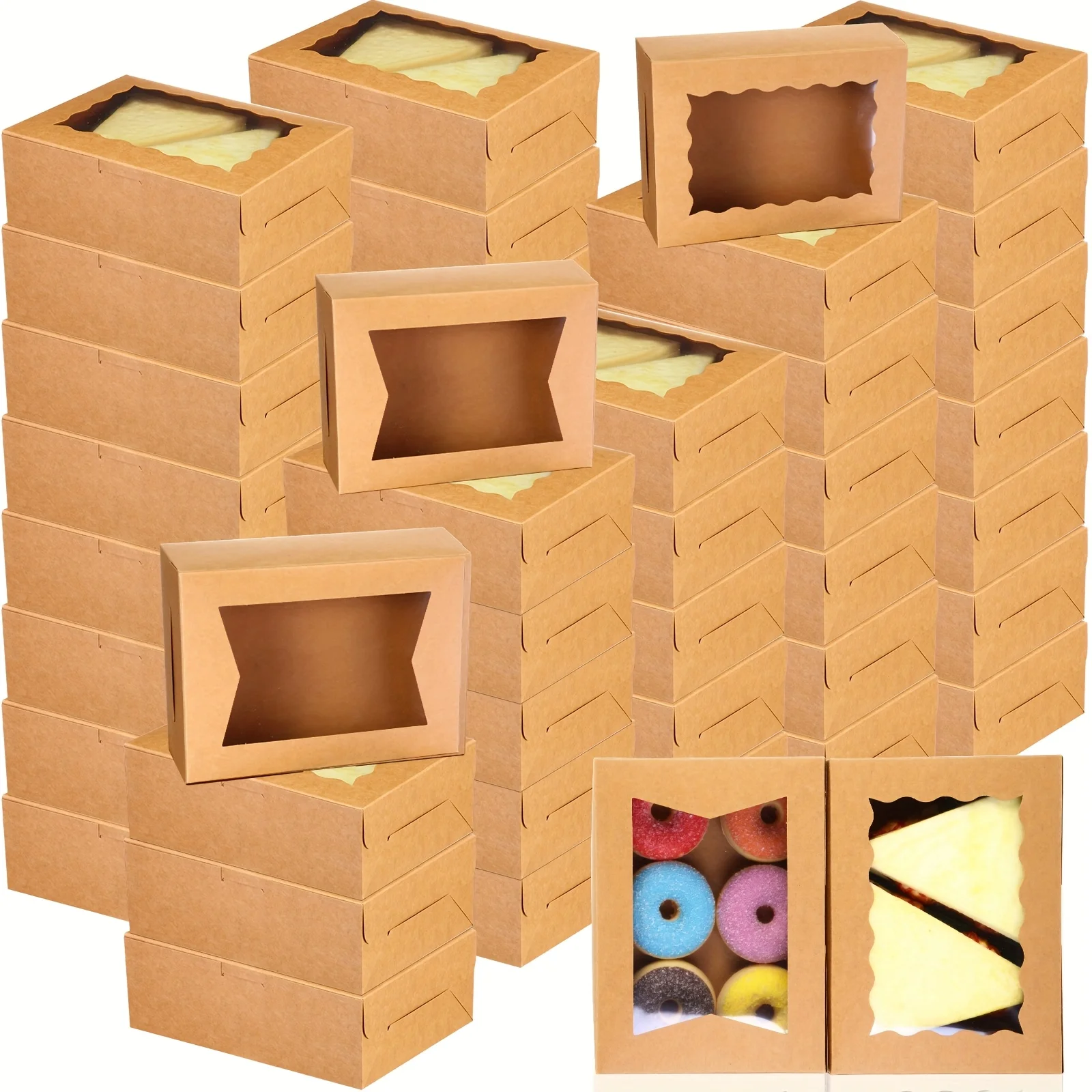

100-Pack Kraft Paper Pastry Boxes with 2-Style Window, 8x6x2.5 Inch Square Disposable Bakery Containers, Flip Top Closure for Cupcakes, Cookies, Chocolate, Strawberries, Muffins
