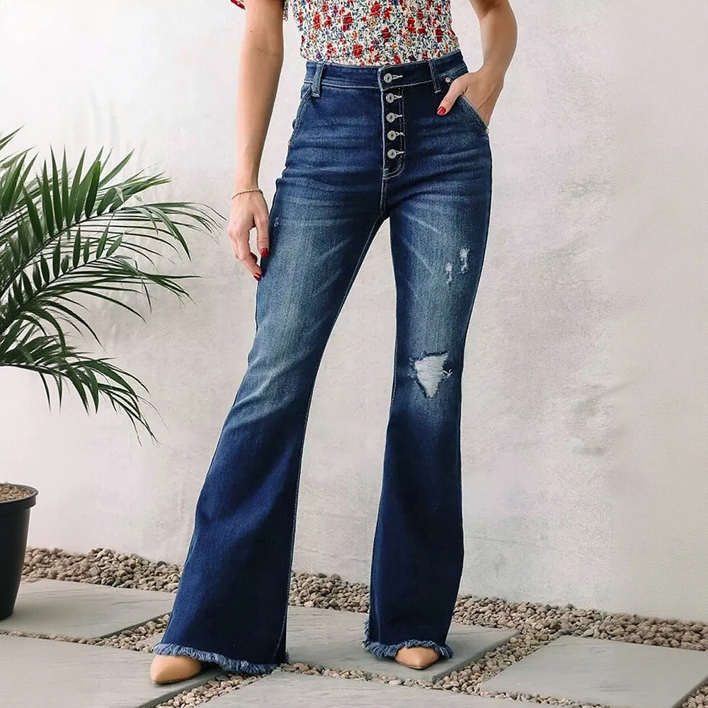 女性のハイウエスト リップド スリム フィット フレア ジーンズ エラスティック ウエスト ヨーロッパとアメリカのスタイル ファッション