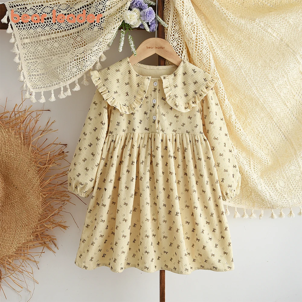 Bear Leader Korean Style Children's Clothing Autumn Fashionable Casual Girls Dresses Bow Print Lapel Beige Long Sleeved Dress