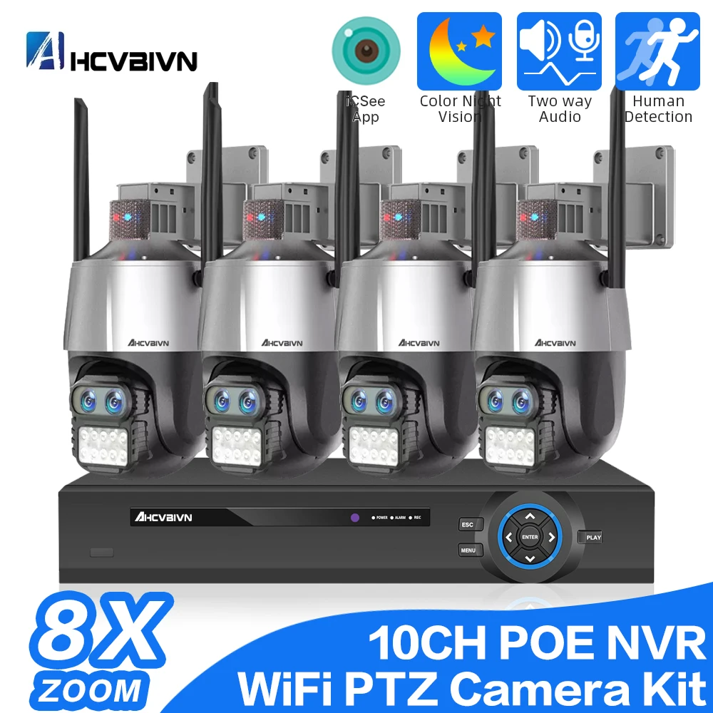 8MP PTZ Wireless CCTV System Two Way Audio WIFI IP Security Camera 10CH P2P NVR Video Surveillance Kit Human Auto Track Camera