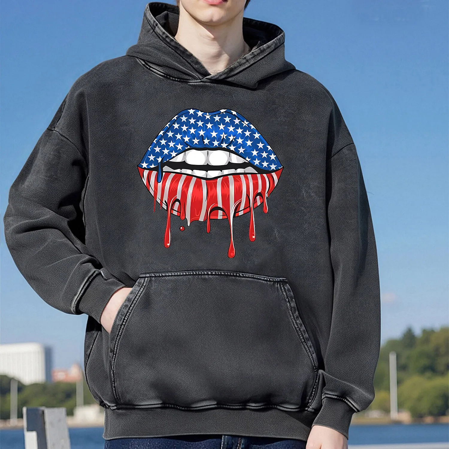 

Толстовка с капюшоном и капюшоном в стиле ретро Lips, унисекс, повседневный спортивный стиль, изготовленный из чистого хлопка, уличный стиль, 400 г