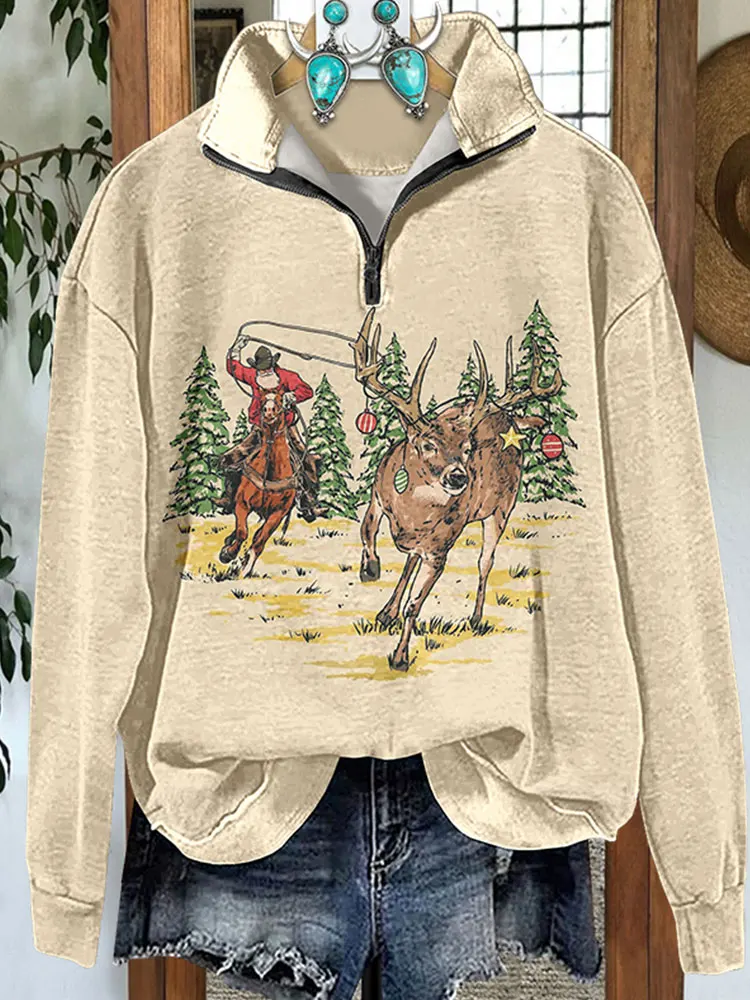 Western Cowboy Elk Zipper Sweatshirt