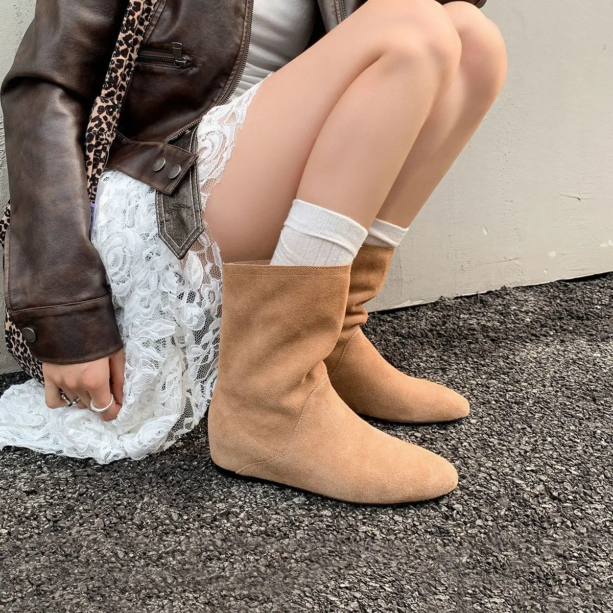 Arden Furtado Autumn Cow Suede Increased Internal Short Boots Round Toe Slip-On Middle Heel Modern Boots Large Size Boots