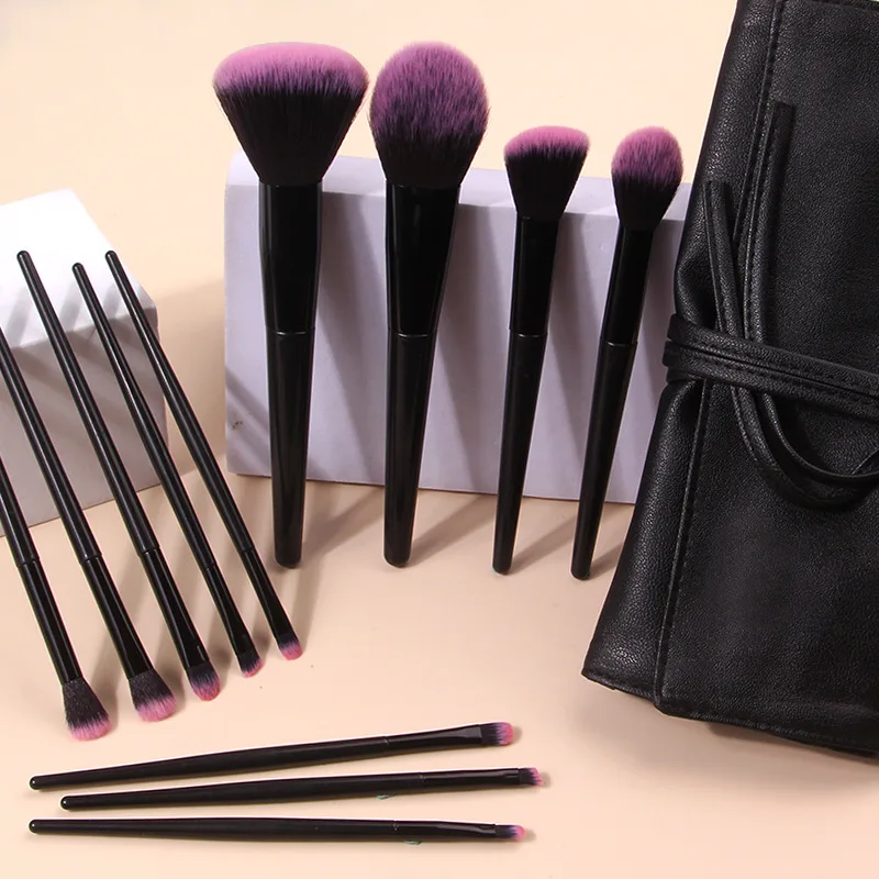 Iniciante PU Makeup Brush Set, sombra, Blush, pó, corretivo, marcador, pacote completo, 12