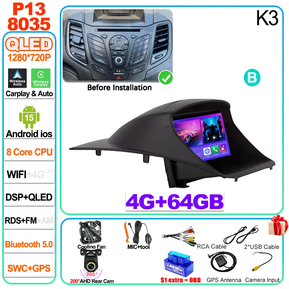 Auto radio Carplay Android 16 voor Ford Fiesta Mk 6 2009 2010 2011 2012 2013 2014 -2018 Radio Multimedia Videospeler Scherm GPS