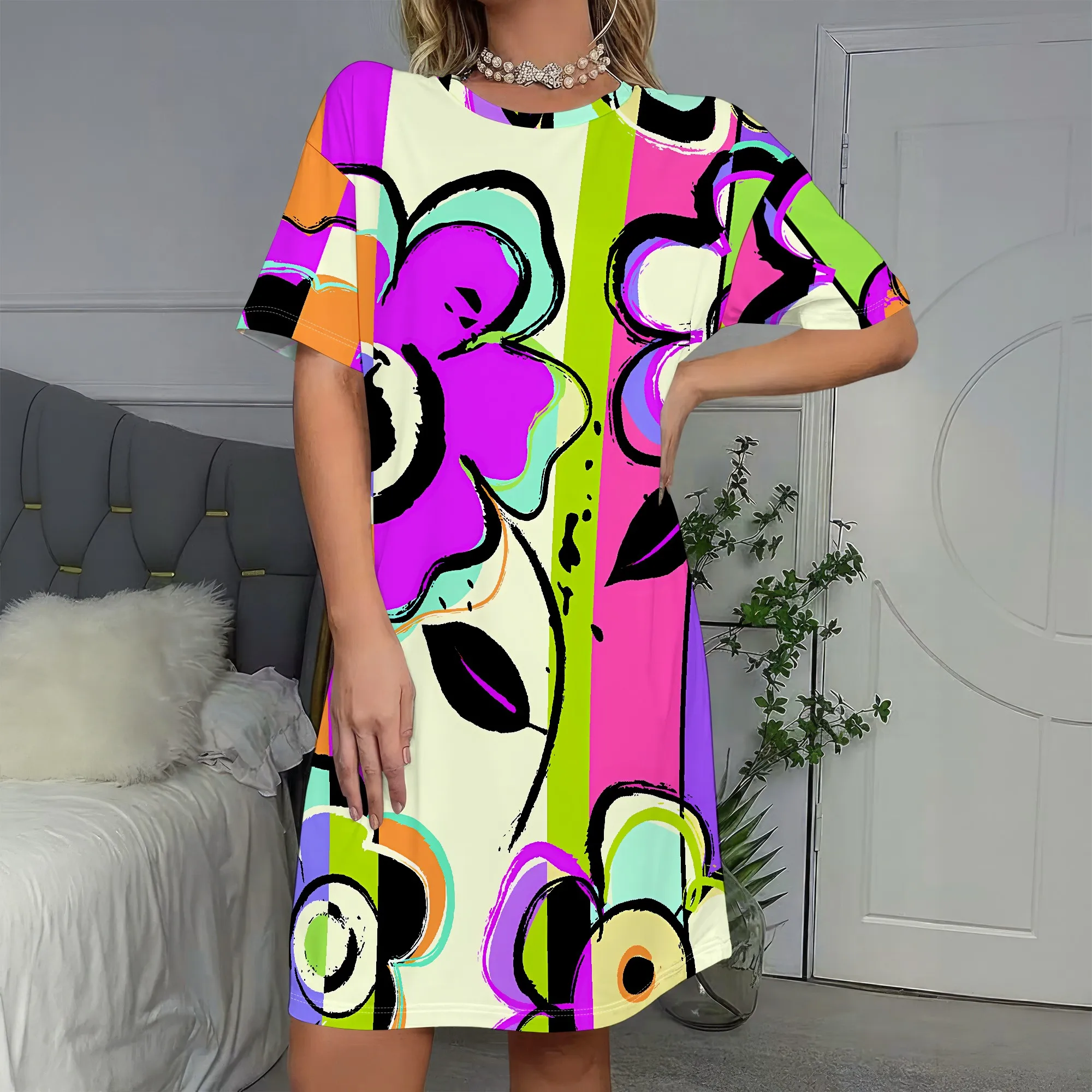 

Bold Floral Print, Short Sleeve Dress, Vibrant Abstract Art, Colorful Summer Wear, Women's Fashion S-2XL