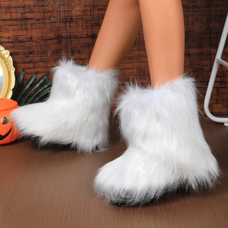 

2024 New Winter Faux Fur Boots Women Warm Fluffy Snow Boots Luxury Footwear Female Furry Fox Fur Bottes Fashion Winter Shoes 43