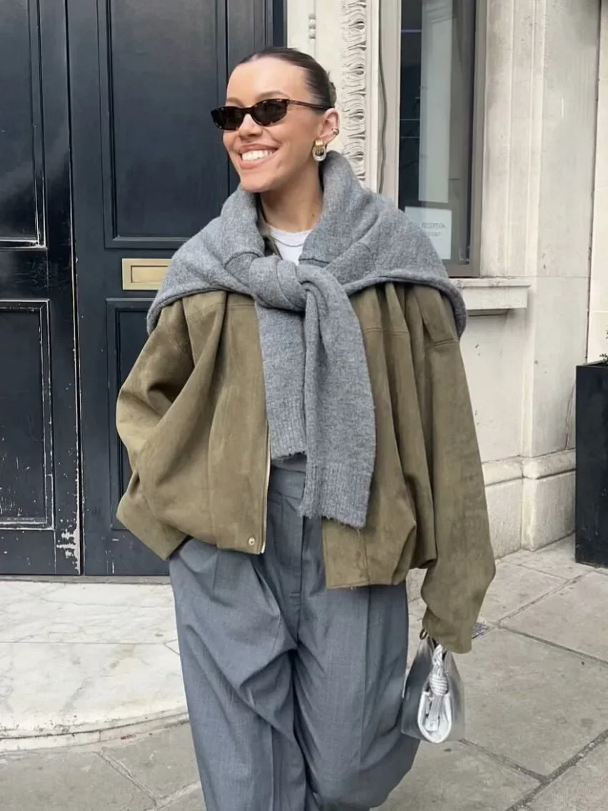 

European and American style 2025 autumn casual suede texture lapel bomber jacket for women