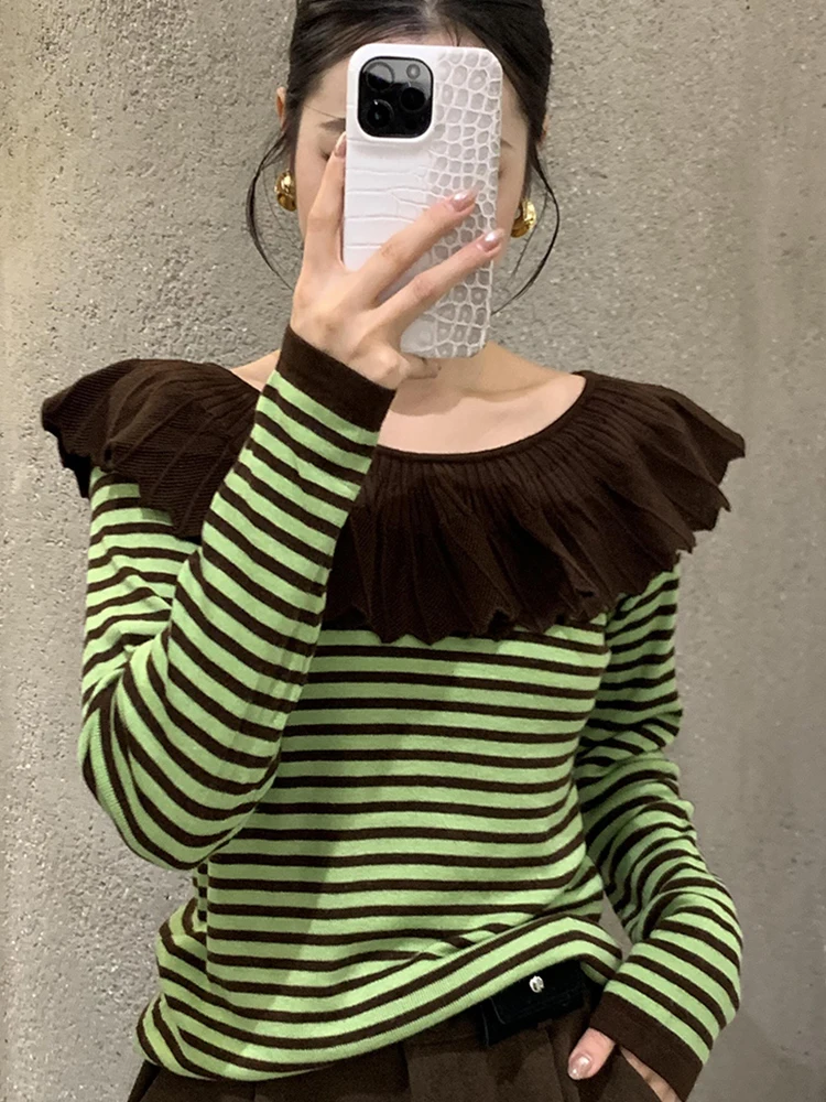 

Женский облегающий трикотажный топ в полоску с кружевным краем в винтажном стиле, осень 2025