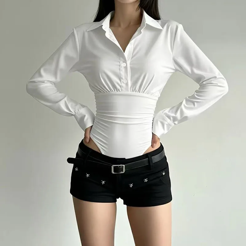 Sexy Satin White Jumpsuit Autumn Grunge Slim Long Sleeve Bodysuits Y2K Fashion Streetwear Tight Lapel Folds Jumpsuit Tops
